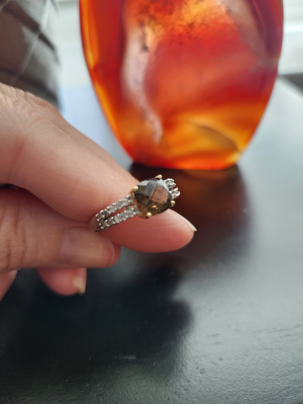 Smoky Quartz & Pavé Band Solitaire Ring - Brown Stone